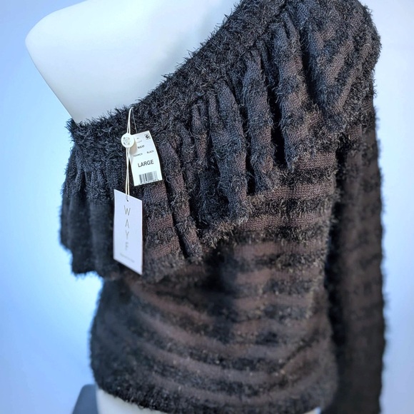 NWT WAYF JOHNIE RUFFLED SHADOW STRIPE ONE SHOULDER SWEATER - Large - Picture 5 of 7